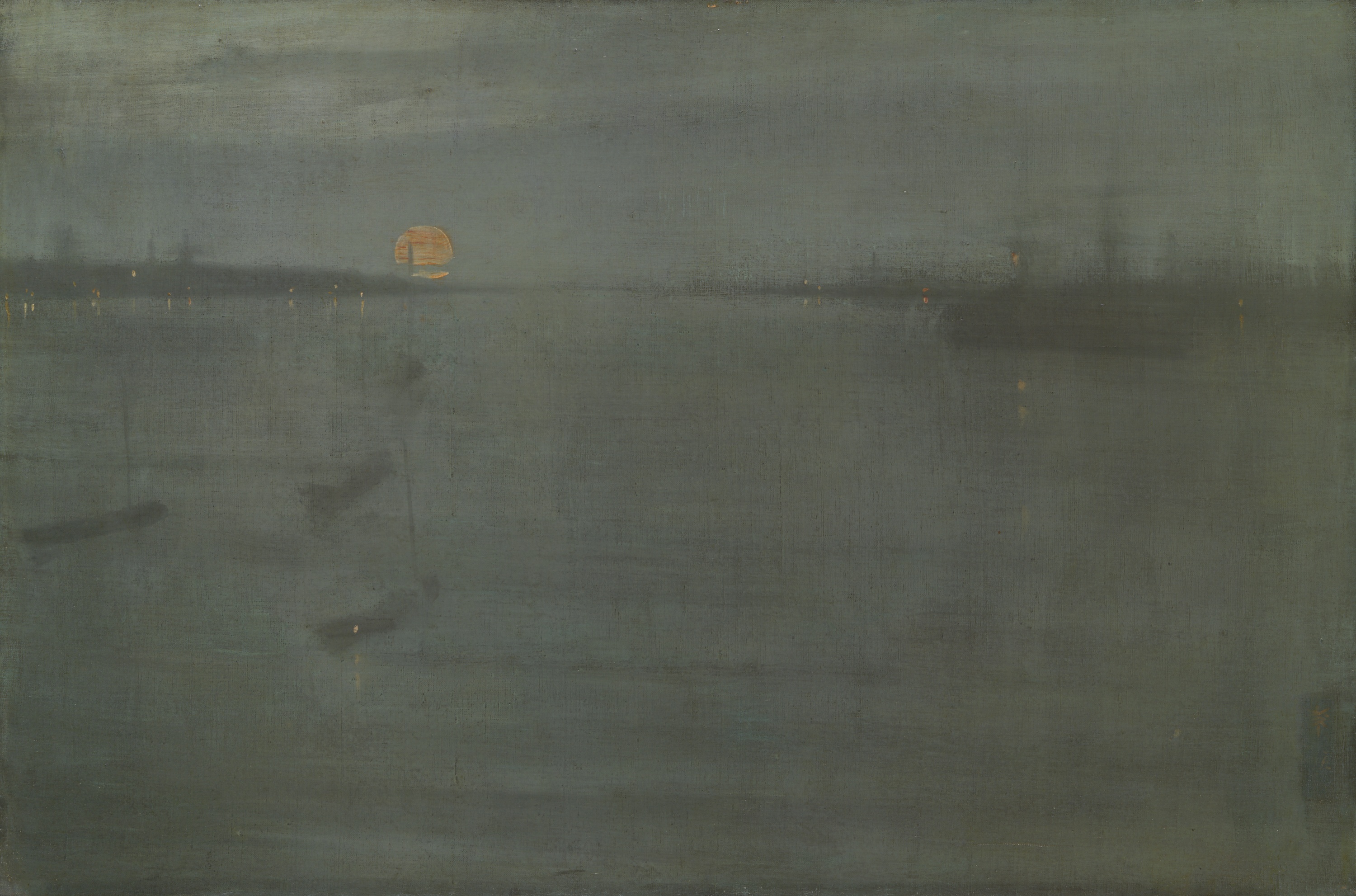 As night descends, it draws a heavy veil over this quiet inlet along the English Channel near Southampton. The great shipping vessels fade into phantoms of the dusk, their colossal hulls reduced to mere whispers of shadow in the deepening twilight. The darkness is broken only by the delicate shimmer of distant lamps and the fractured, trembling face of the moon resting upon the water.