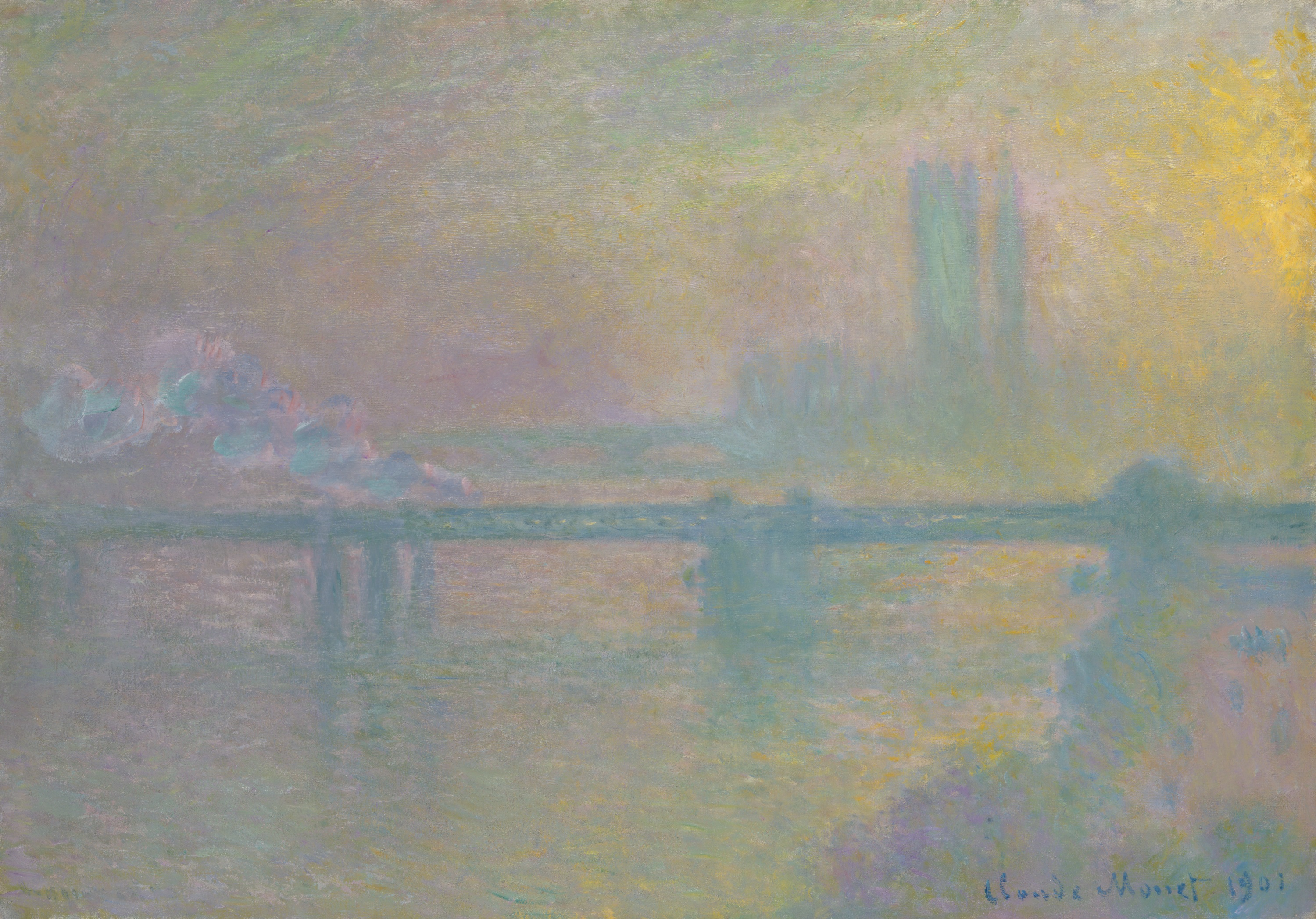 Light filters heavily through the thick, polluted air of the industrial metropolis. Just past the rigid, geometric framework of Charing Cross Bridge, the Houses of Parliament loom like a faint, spectral shadow.