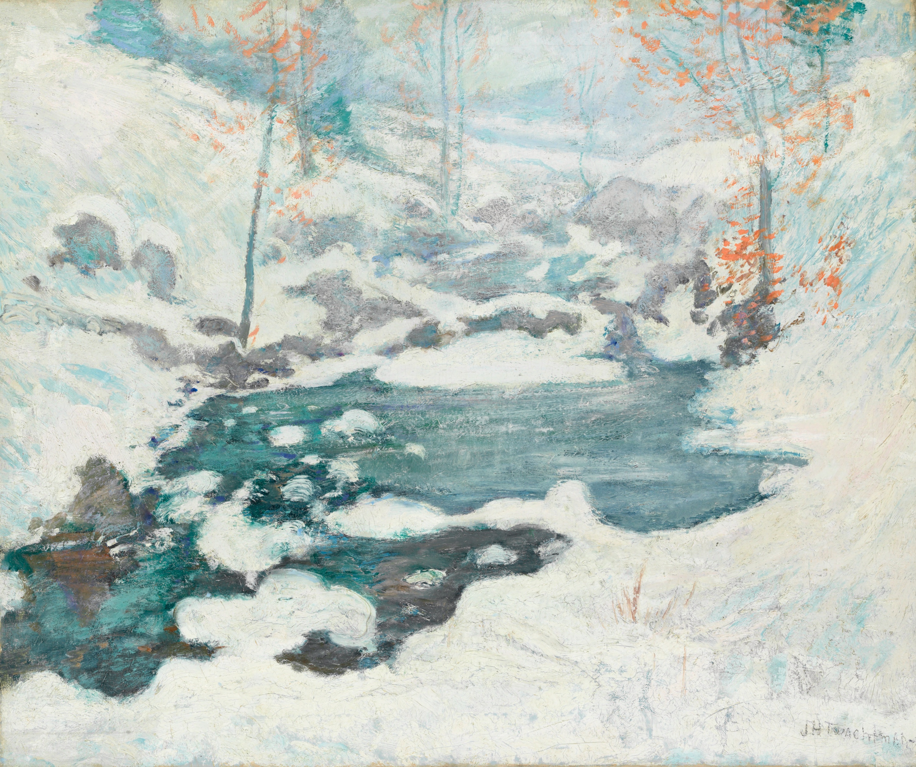 Thick, heavy strokes of pigment rise from the canvas, mirroring the slow, silent gathering of snow upon a frozen earth. Where these pale drifts meet the water's edge, serpentine contours weave a phantom pulse of movement, stirring a breath of life into a world locked in serene slumber.