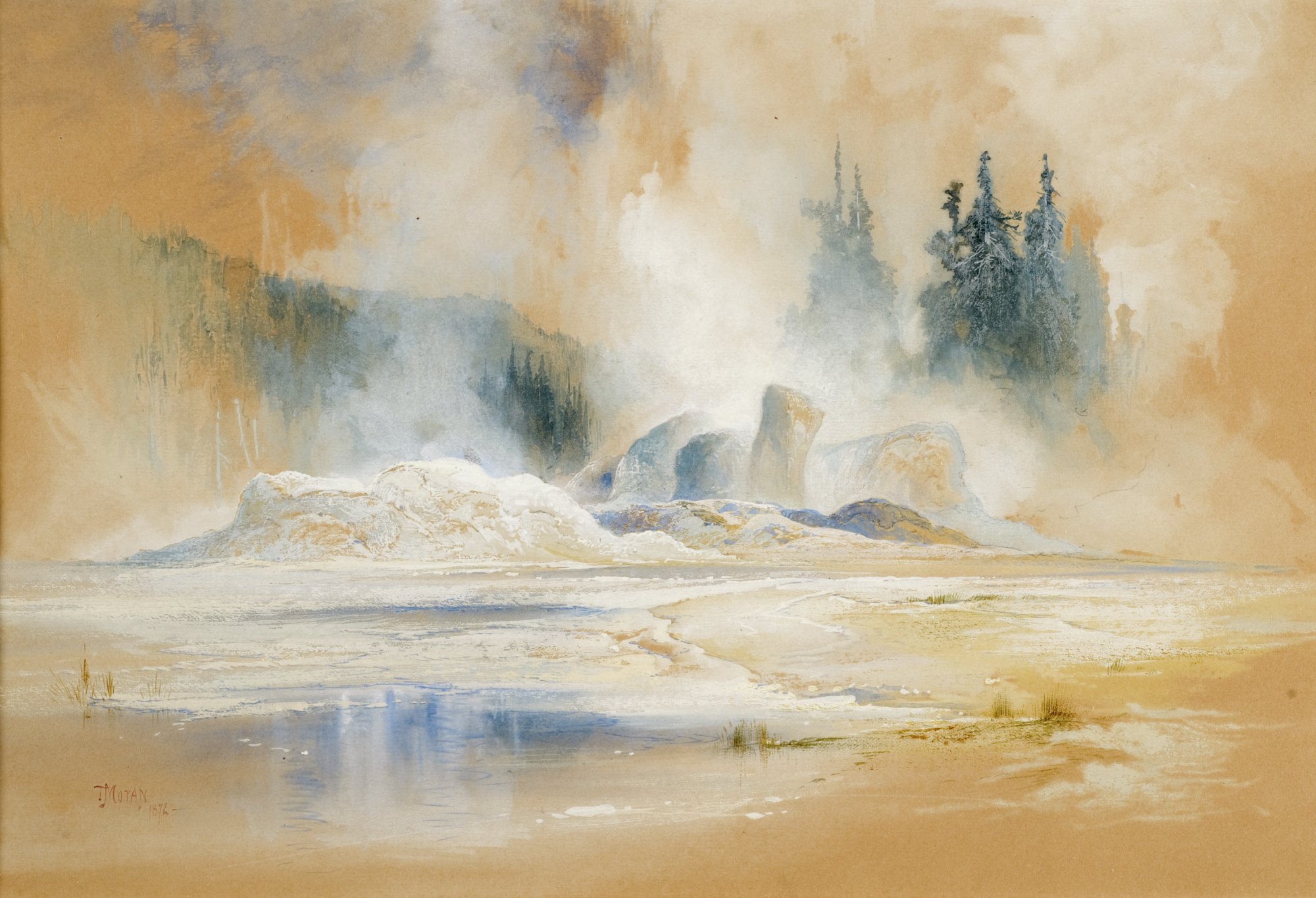 Silken veils of steam ascend into a warm haze of gold and white, swallowing the spectral pines in a perpetual, dreamlike mist. Below, a serene, glassy pool mirrors the sky's quiet blues, cradled by the soft, undulating ribbons of the pale mineral crust.