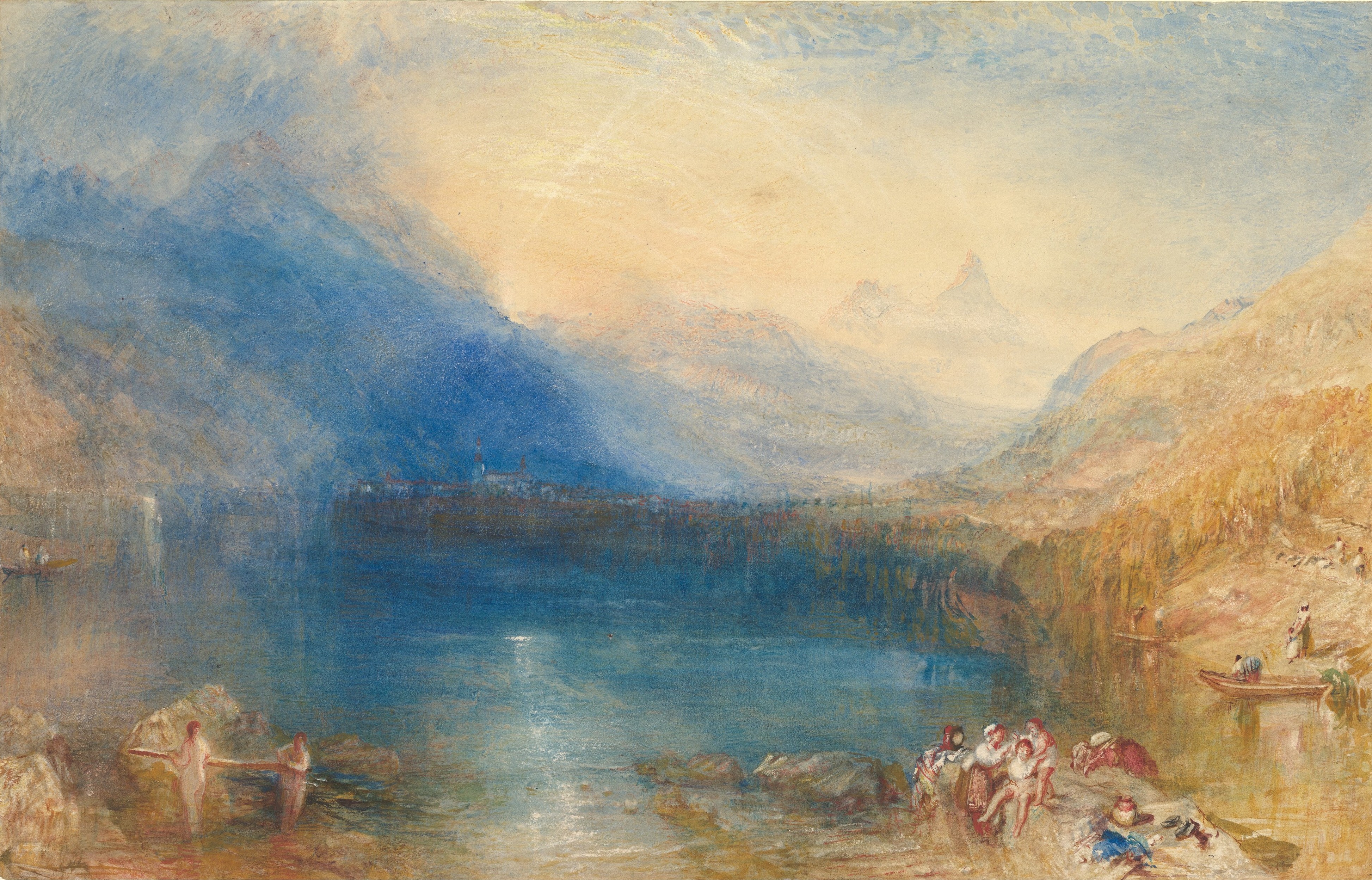 A radiant dawn spills between the towering alpine peaks, dissolving the morning mist into a glowing veil of gold and atmospheric blue over the quiet Swiss lake. Upon the water's edge, the first light catches the gentle stir of waking villagers, blurring the boundary between the physical earth and a fleeting, watercolor dream.
