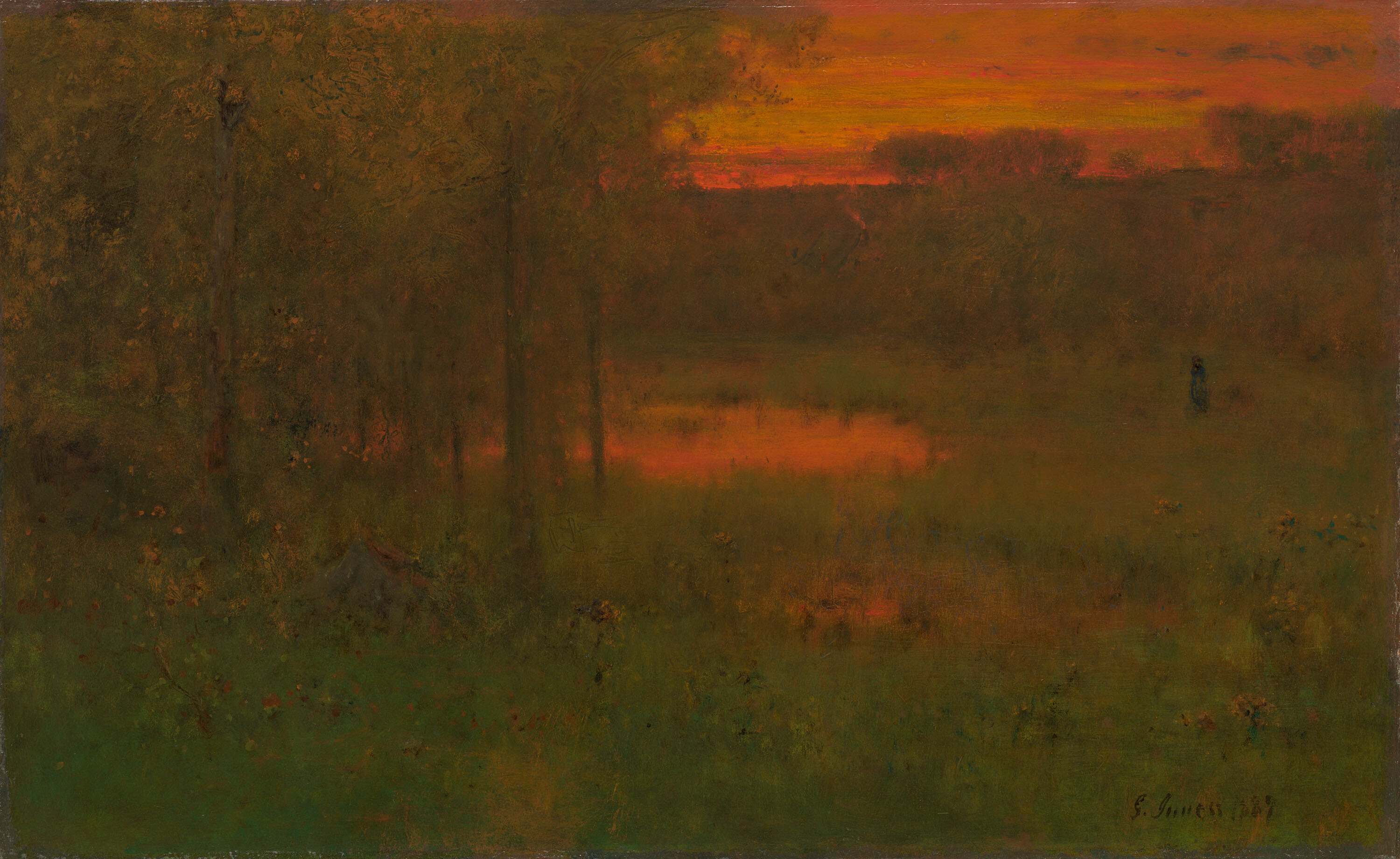 A molten, diffused light spills across the horizon, saturating the countryside in a hazy, amber warmth that blurs the boundary between earth and sky. Shadows deepen into soft, velvety tones, casting the landscape into a dreamlike state of quiet, autumnal reverie.