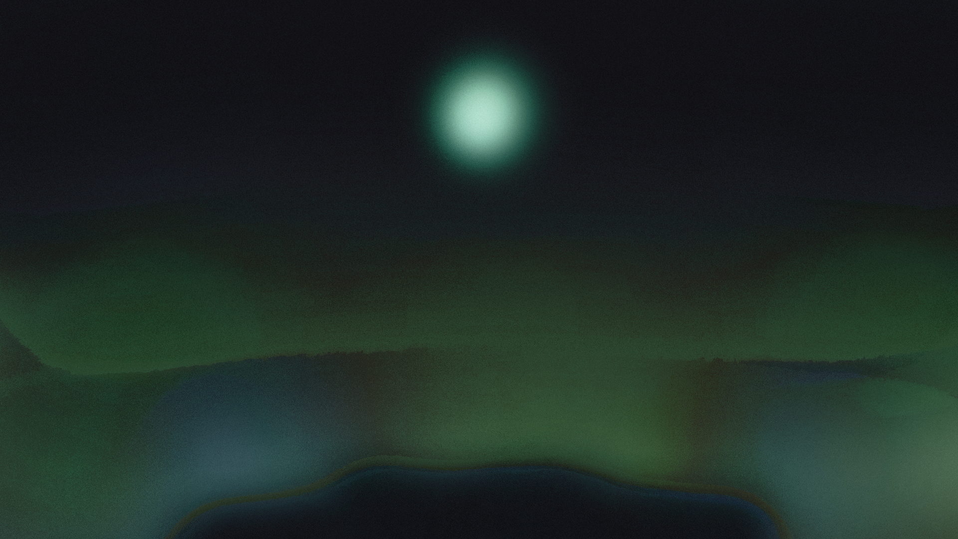 Dark abstract scene with a soft glowing teal orb centered above dark green silhouetted hills.