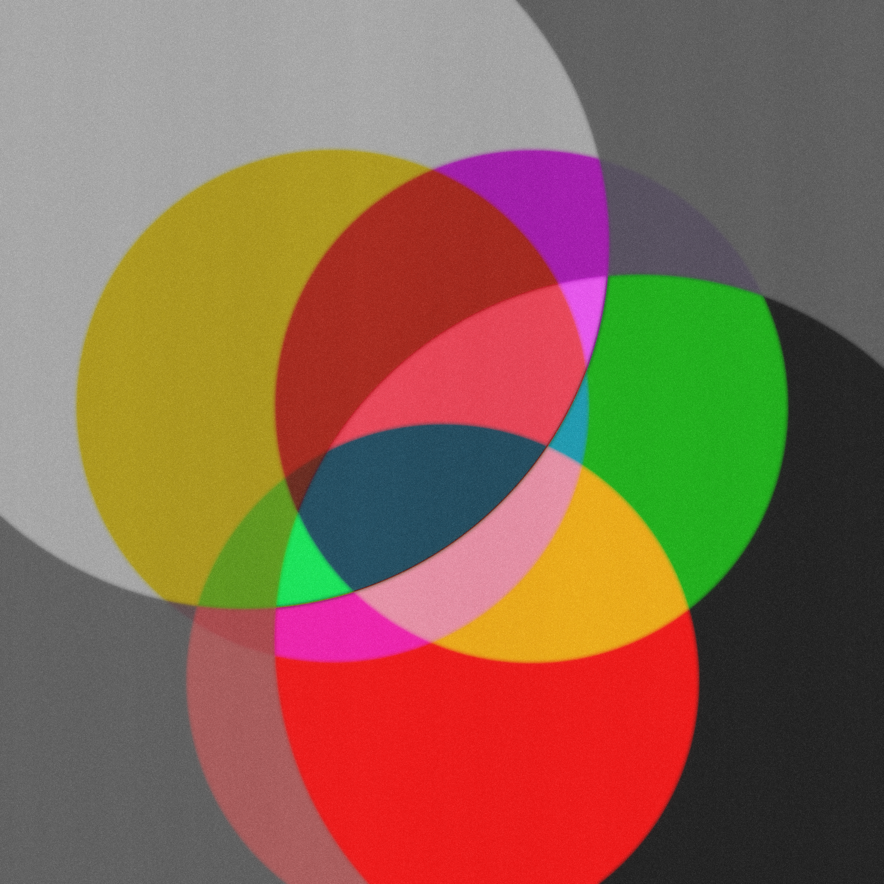 Overlapping translucent circles in yellow, magenta, red, green, and blue on a mottled gray ground, their intersections mixing into deep red, purple, teal, pink, and orange.