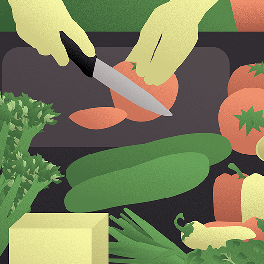 A closeup of an illustration of fruits and vegetables