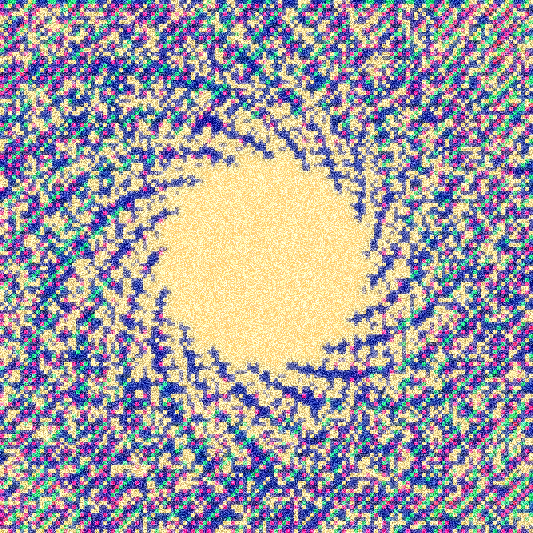Dense diagonal dither pattern in pink, green, and navy stripes interrupted by soft cream blooms, generated from a Julia set fractal.