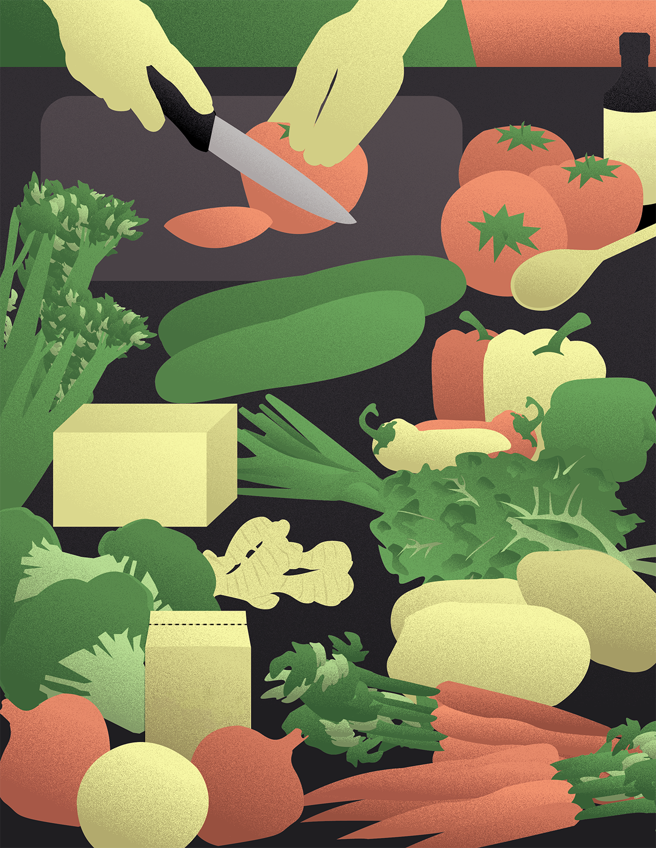 Hands cutting a tomato at the top with a bounty of fruits and vegetables sprawling below.