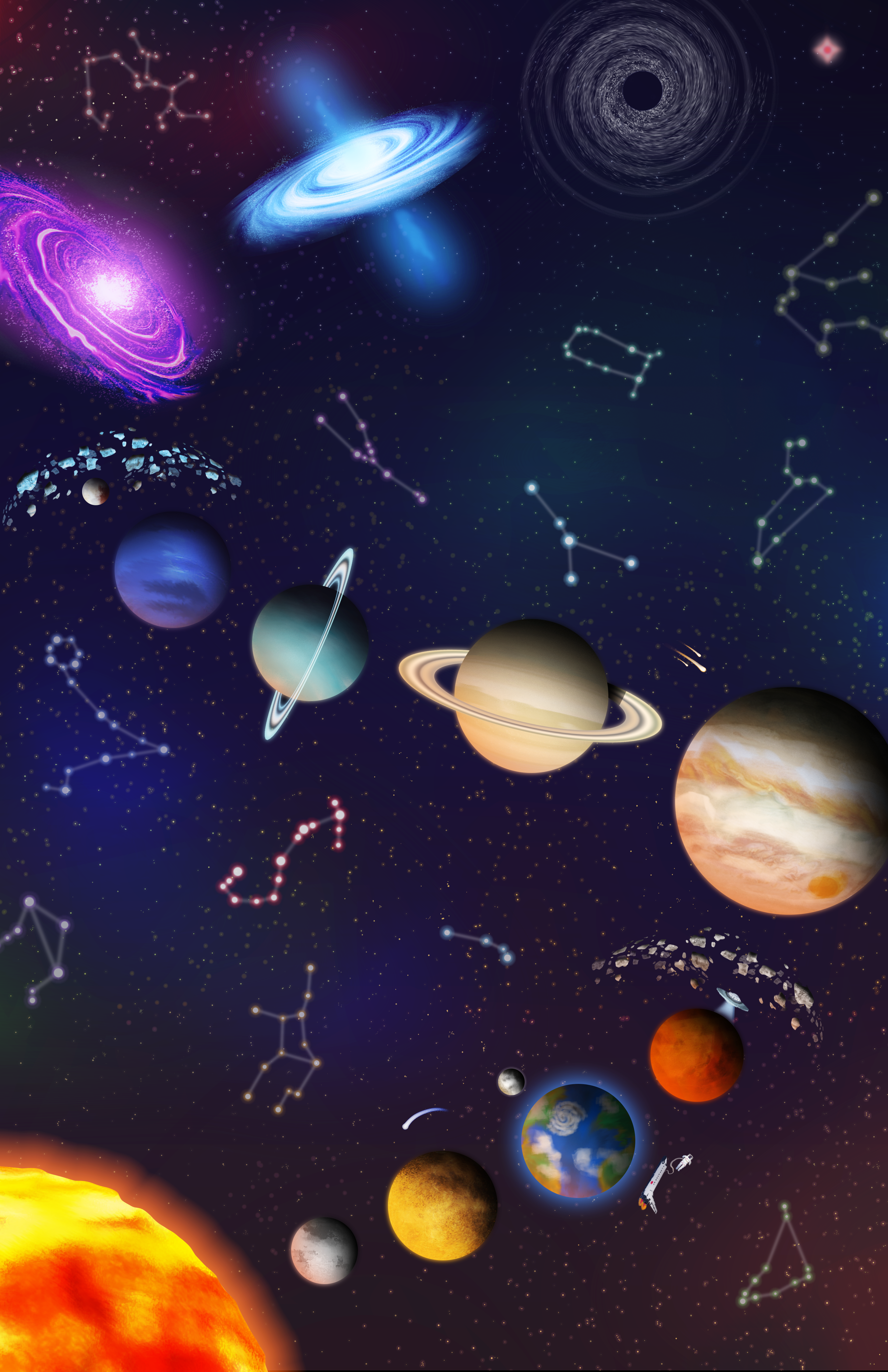 An array of cosmic entities from a sun all the way to a black hole arranged in an S composition.