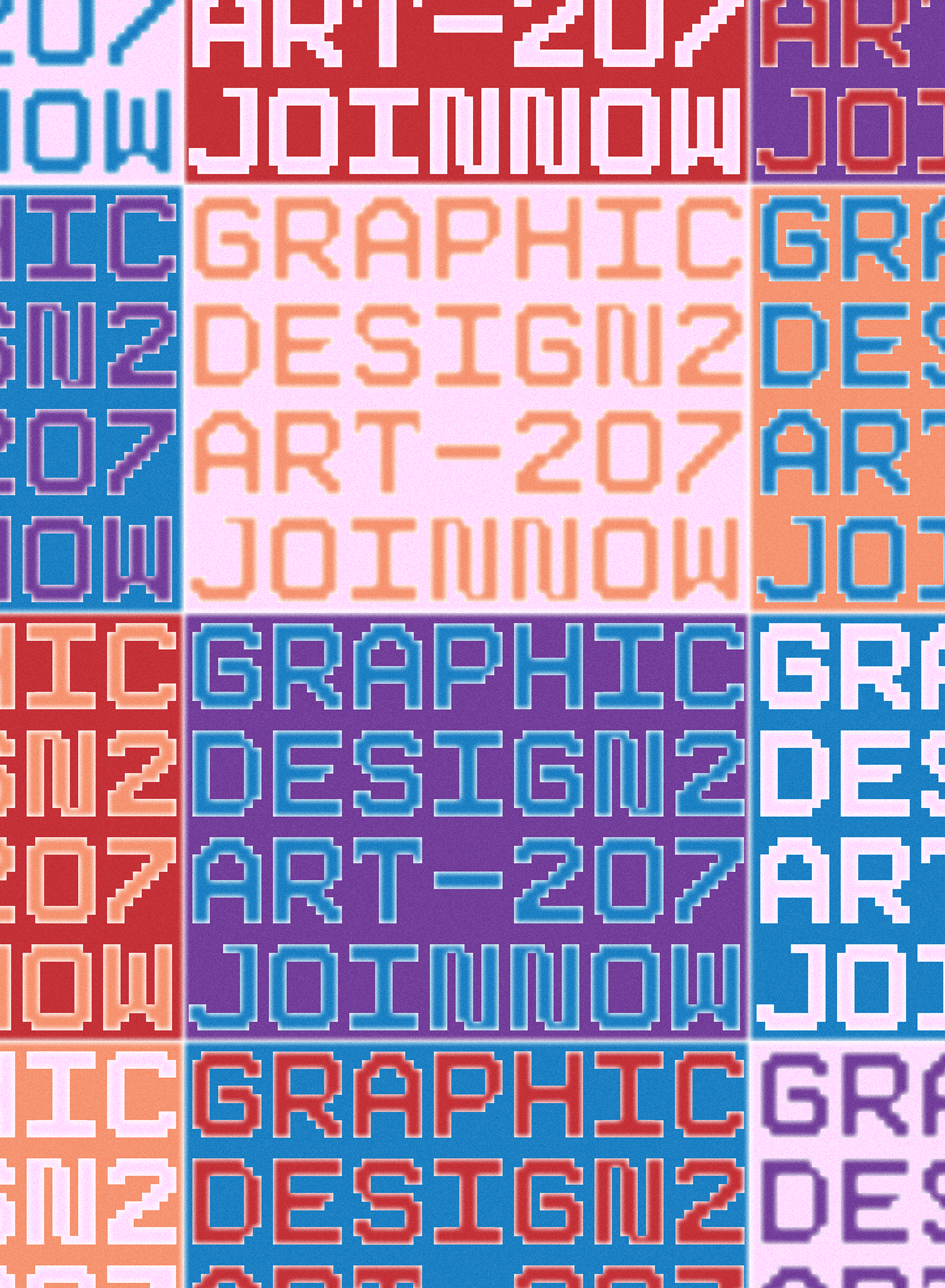 The words Graphic Design 2 Join Now repeating in a colorful checkerboard pattern.