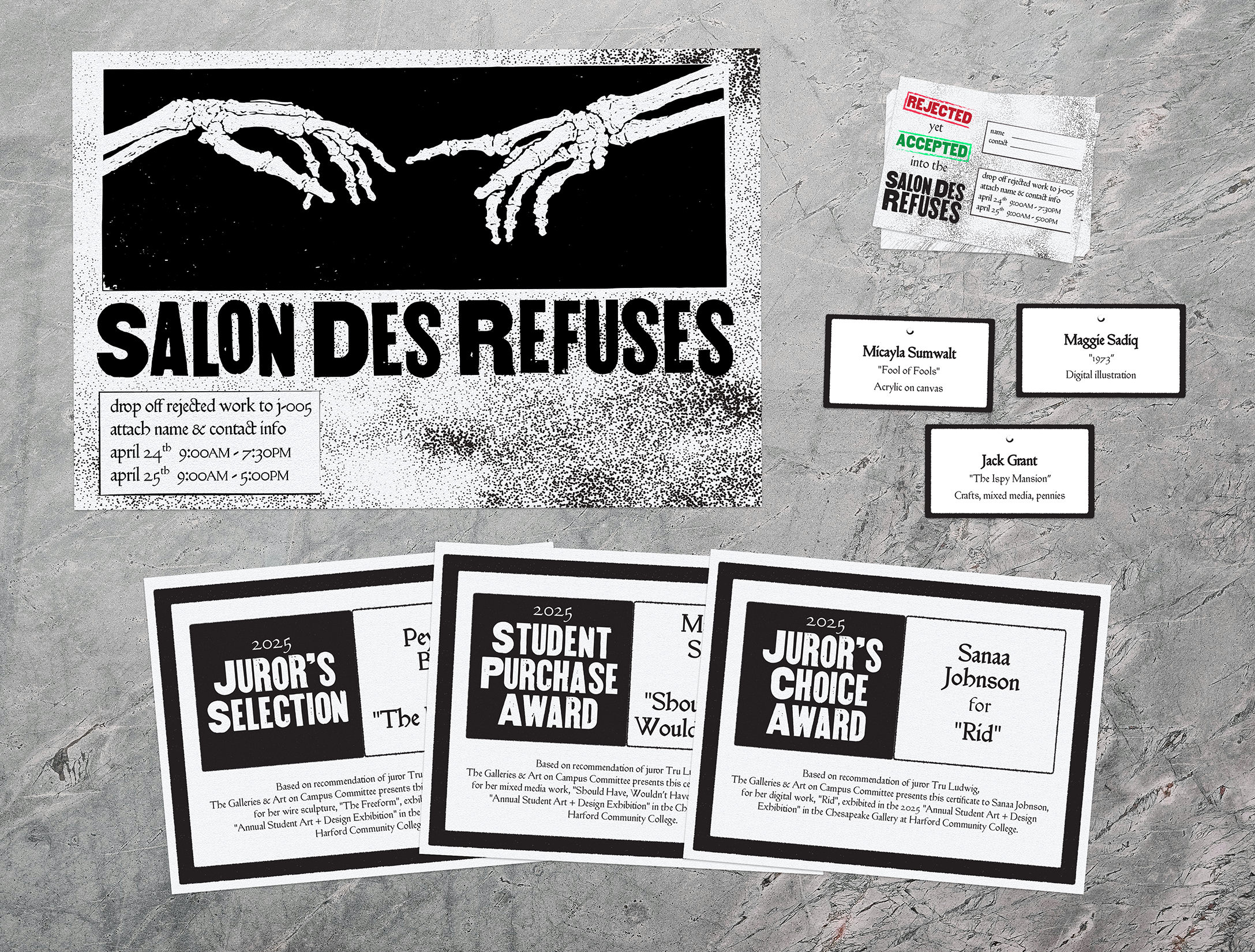 A poster, certificate, and name cards for an exhibition styled in black and white.
