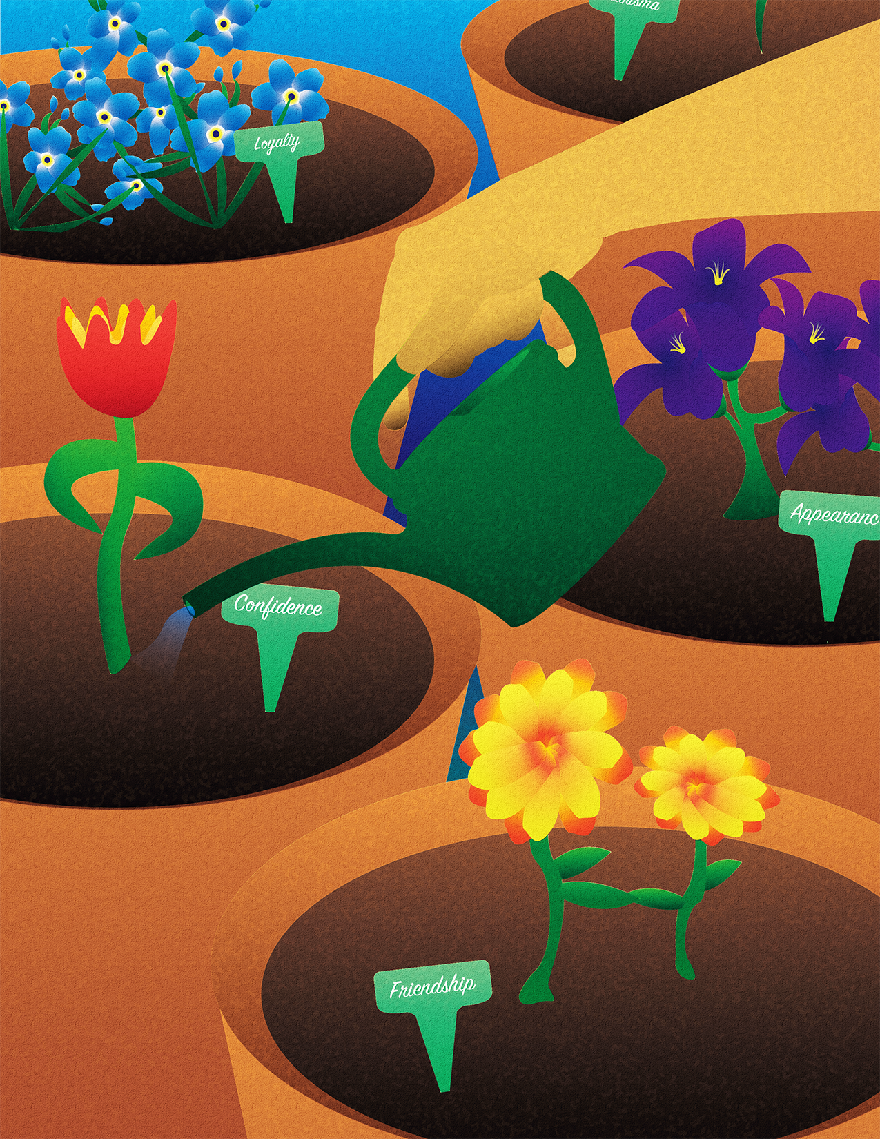 A hand with a watering can, watering flowers displaying different traits.